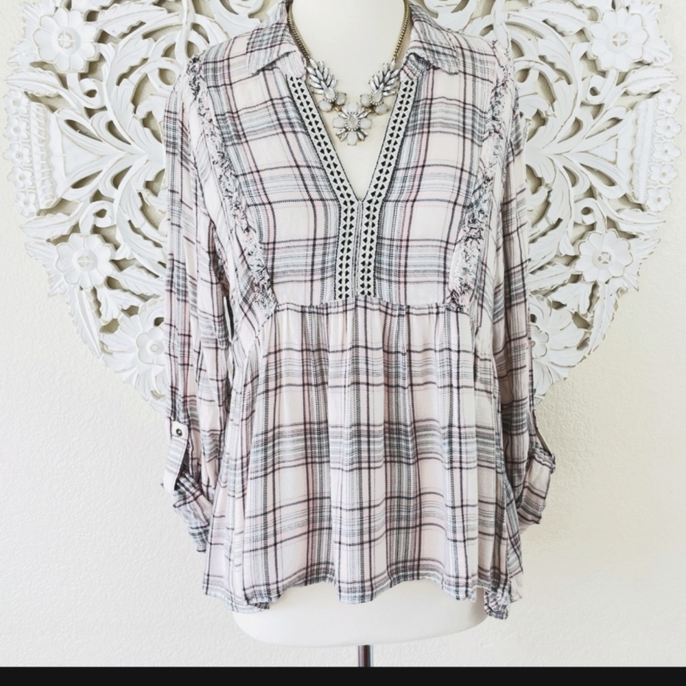 {Knox Rose} Plaid Raw-Trim Long Sleeve Peasant Blouse, Size L